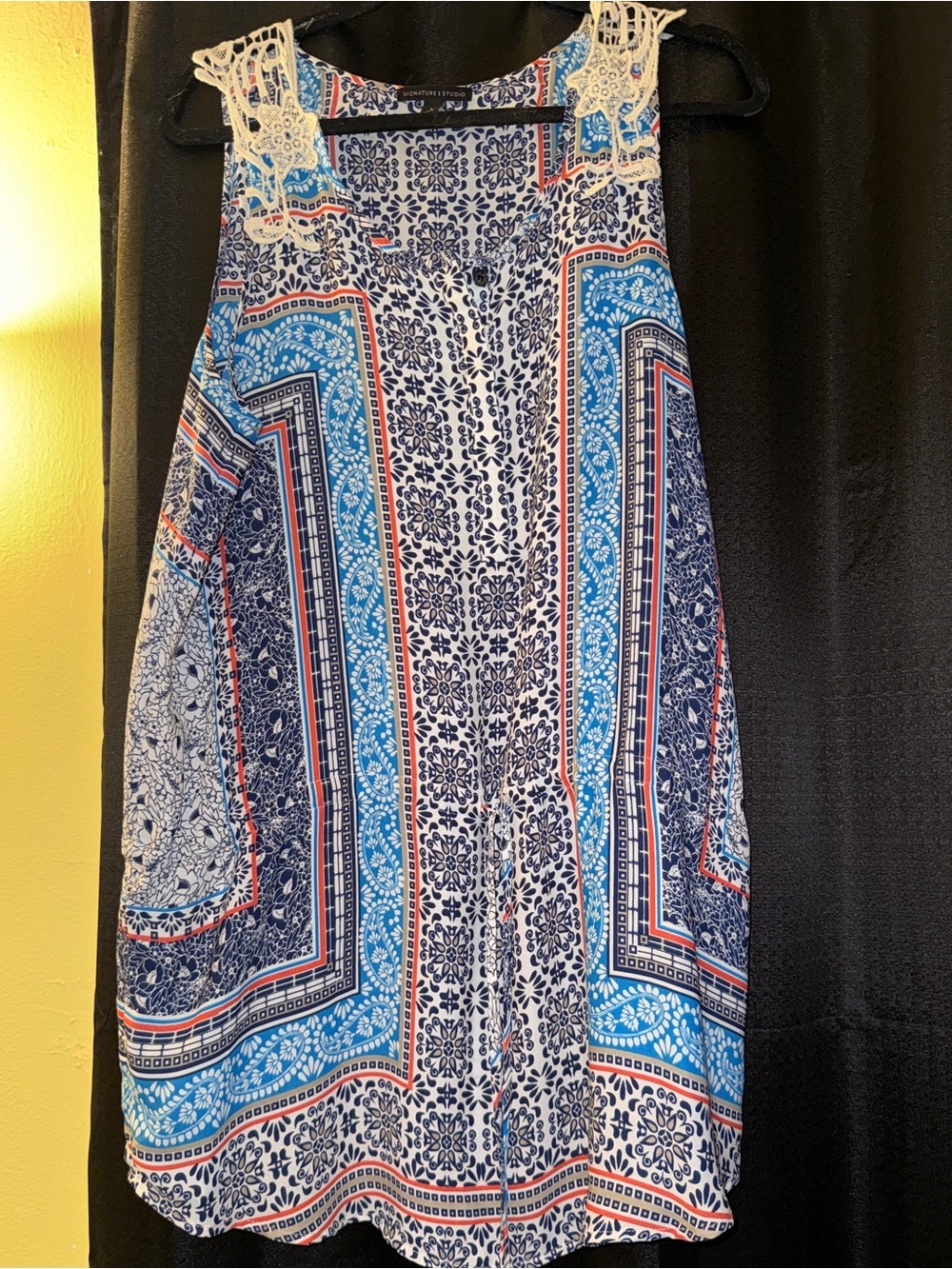 Signature Studio Blue, Navy & White A-Line Tile-Print Skirt